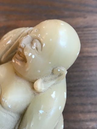 Vintage Happy Buddha Lying Down Carved White Yellowish Jade 6