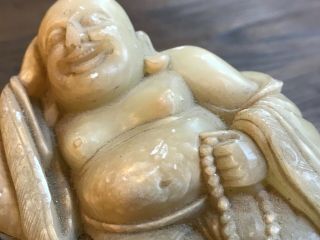Vintage Happy Buddha Lying Down Carved White Yellowish Jade 8