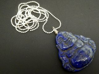 Vintage Blue Lapis Hotei Buddha Sterling Gemstone Pendant Necklace 24 "