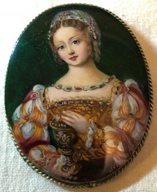 " Marie Magdalene With The Vessel " Russian Hand Painted Fedoskino Mop Brooch