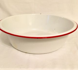 Vintage Large Porcelain Enamel Pan 16 " Wash Basin Bowl White Red Trim Enamelware