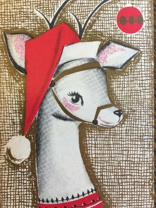Mid Century Modern Vintage Christmas Card Reindeer Santa Hat Ornament