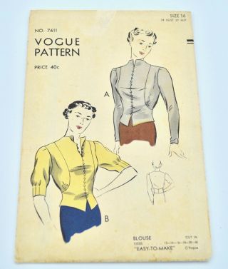 Vintage Vogue Sewing Pattern 7611 Blouse 1940s 1950s Sz 16