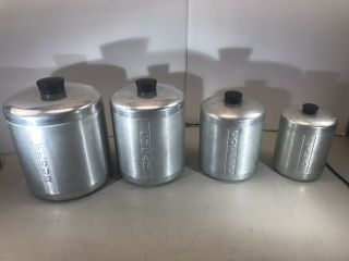 Set Of 4 Vintage Nesting Spun Aluminum Canisters Flour Sugar Coffee Tea