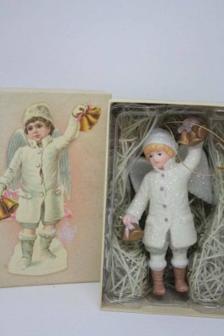 Retired Porcelain Boy Angel Figurine Christmas Ornament Ringing Gold Bells Chic