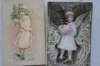 Retired Porcelain Girl Angel Figurine Christmas Ornament Holding A Tree Chic