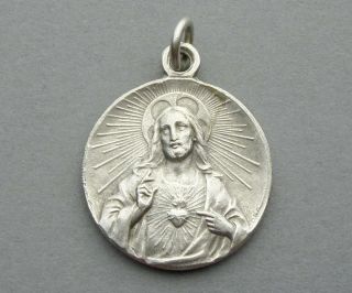 Saint Virgin Mary & Jesus.  Sacred Heart.  Antique Religious Pendant.  French Medal