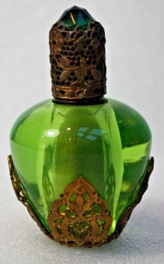Old Antique Vintage Green Art Glass & Gilded Filigree Fancy Lighter 1930 