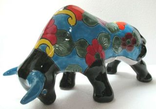 Mexican Folk Art Talavera Pottery Animal Cow Bull Figure 13 " Turquoise Western