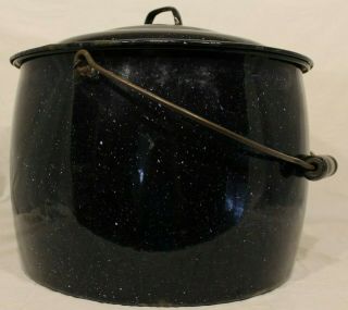 Vintage Graniteware Stock Pot With Wood Handle,  12 " X 10 ",  Enamelware