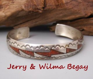 Jerry & Wilma Begay Vintage Navajo Sterling & Coral Inlay Cuff Bracelet