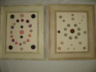 Vintage Mounted Buttons In 2 Antiqued Wood Frames
