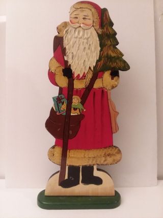 Vintage Wooden Standing Santa Claus On Pedestal Greeter 22 " Tall