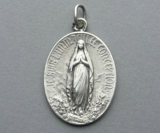French,  Antique Religious Silver Pendant.  Saint Virgin Mary.  Lourdes Medal.