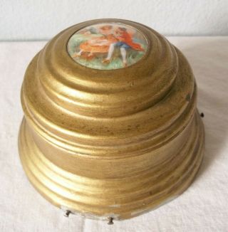 Vintage Gold Victorian Powder Puff Music Box Plays Blue Danube W/ Ceramic Inlay