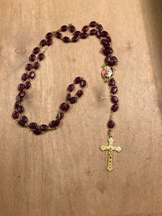 Vintage Rosary Gold Tone Ruby Red Lucite Beads Catholic Graymoor
