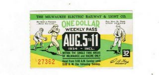 Milwaukee Railway Transit Ticket Pass August 5 - 11 1934 Baseball Game Time