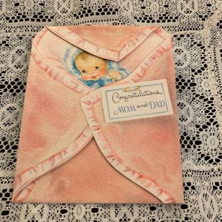 Vintage Greeting Card Baby Congrats Mom Dad Pink Fuzzy Blanket