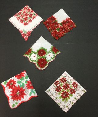 5 Vintage Christmas Handkerchief Poinsettia Flower Rose Red Green White Cotton