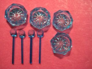4 Blue Glass Salts Dips Cellars Dish With 4 Glass Spoons Vintage