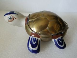 Mexican Folk Art Pottery Hand Painted Turtle Figurine Brass Ceramic