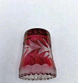 Vtg Cranberry Color Thimble West Germany Scalloped Edge Floral Cut Glass
