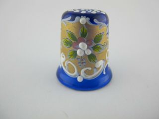 Venetian Blue Glass Thimble,  Hand Painted Flowers And Swirls,  Vintage
