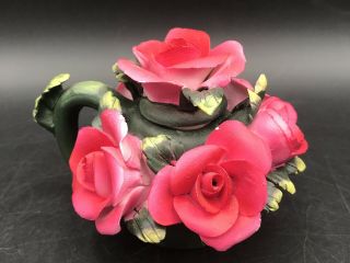 Intricate Emson Ceramic Red Rose And Green Leaf 3 Dimensional Teapot