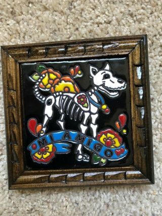 Talavera Day Of The Dead Ceramic Tile Mi Amigo Dog Pet W/frame