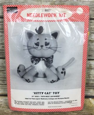 Vintage 60s Sears Needlework Kit 25 - 8827 Kitty Cat Stuffed Toy Doll 15 " Complete