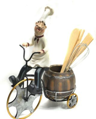 Fat French Chef On Bicycle Utensil Holder / Kitchen Decor (vintage Rare)