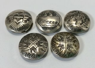 Vintage Set Of 5 Native Southwest Style Sterling Button Covers