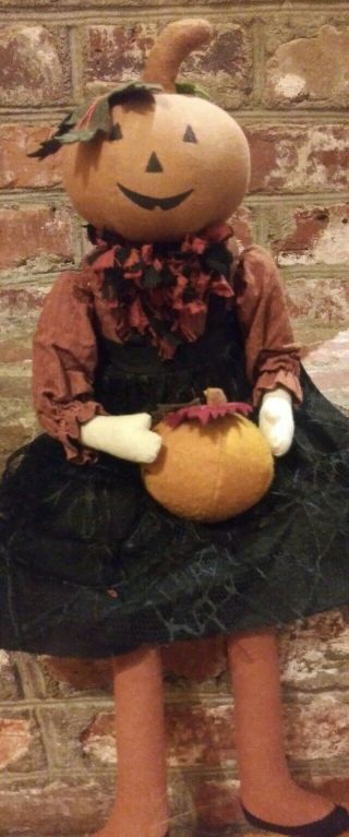 Primitive Halloween Pumpkin Doll Holding A Pumpkin Fall Harvest Decorative