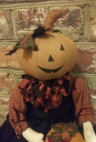 Primitive Halloween Pumpkin Doll Holding A Pumpkin Fall Harvest Decorative 2
