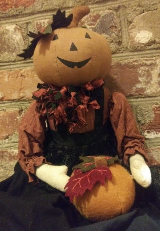 Primitive Halloween Pumpkin Doll Holding A Pumpkin Fall Harvest Decorative 3
