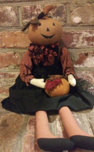 Primitive Halloween Pumpkin Doll Holding A Pumpkin Fall Harvest Decorative 4