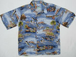 Vintage Reyn Spooner Big Game Hawaiian Surf Shirt Marlin Fishing Boat Island L