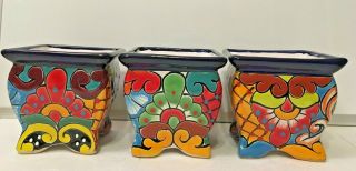 Mexican Pottery Talavera Planter Footed Pot Window Box Set Of 3