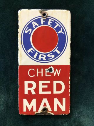 Antique Vintage Red Man Chewing Tobacco Door Push Porcelain Sign Old Cigar Store