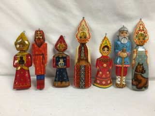 Vintage 7 Seven Wooden Russian - Christmas Ornaments Hand Painted