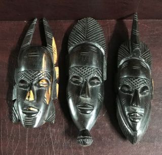 Vintage African Tribal Folk Art Masks Set Of 3 Carved Wood Wall Deco