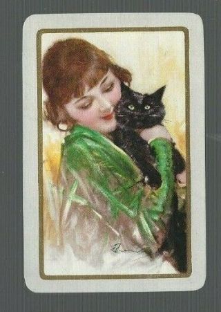 Swap Playing Cards 1 Vint " Lady & Black Cat " Chic Lady Art W Barribal Ba43