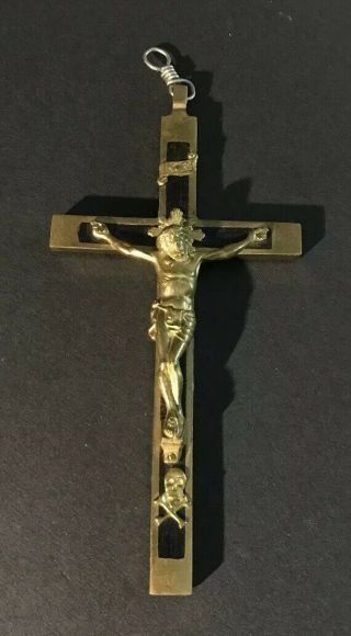 Vintage Pectoral Crucifix Skull and Crossbones on Dark Wood & Brass Germany 4.  5” 2
