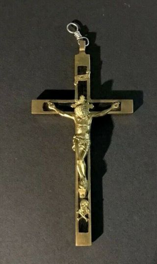 Vintage Pectoral Crucifix Skull and Crossbones on Dark Wood & Brass Germany 4.  5” 3