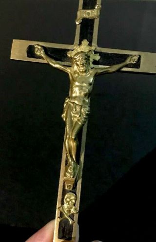 Vintage Pectoral Crucifix Skull and Crossbones on Dark Wood & Brass Germany 4.  5” 5
