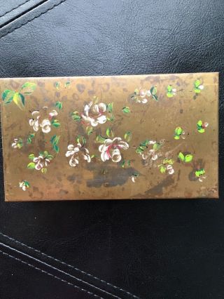 Vintage Tabletop Brass Cigarette Case With Hand Painted Flowers
