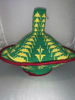 Hand Woven Red Yellow Green Native Tribal African Coiled Basket Bowl Lidded