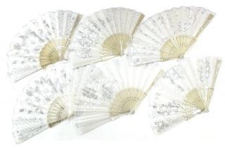 6 White Wedding Fabric Lace Held Hand Fans Novelty 9 Inch Fan Bride Accessories
