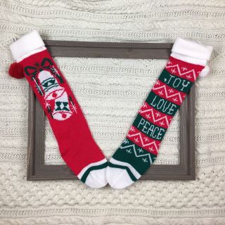 Christmas Stocking Knit 2 Red Green Bell Joy Love Peace Pom Pom Xmas