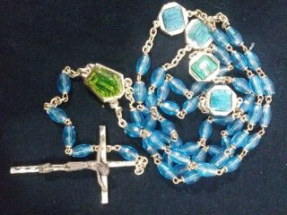 Vintage Blue Glass Beaded Lady Of Lourdes Holy Water Rosary Prayer Beads 24 "